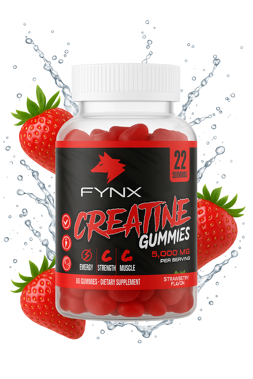 FYNX Creatine Gummies - 5,000 mg Per Serving | Strawberry Flavor | 120-90 Gummies | Gelatin-Free