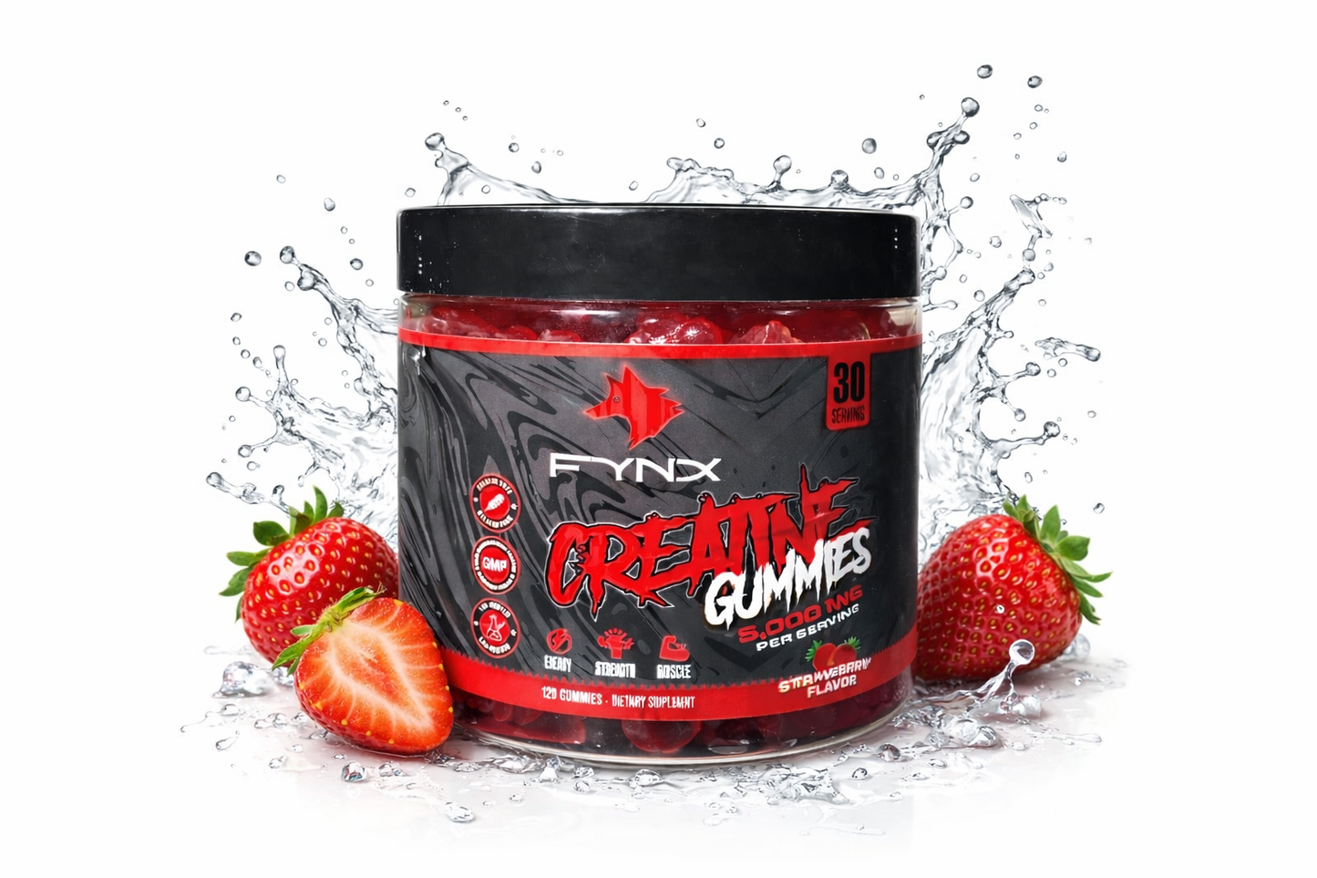 FYNX Creatine Gummies - 5,000 mg Per Serving | Strawberry Flavor | 120-90 Gummies | Gelatin-Free