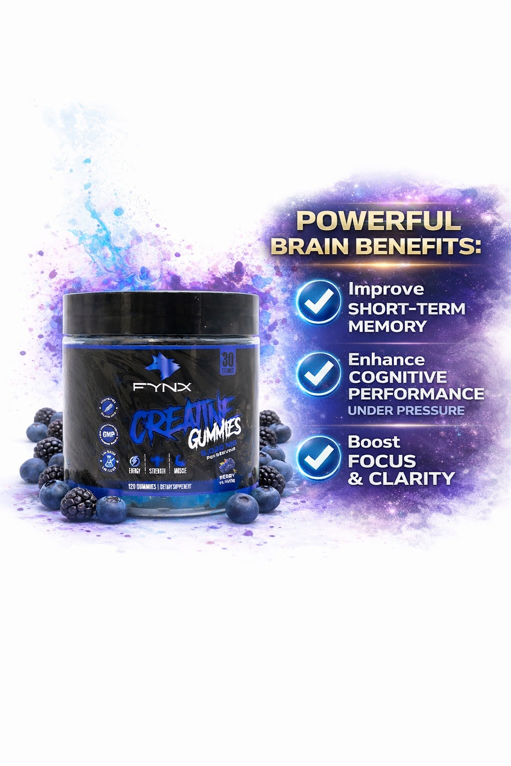 FYNX Creatine Gummies - 5g Creatine Monohydrate | Blueberry Flavor | 120 Gummies