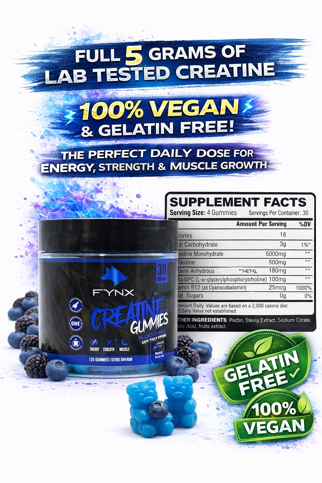 FYNX Creatine Gummies - 5g Creatine Monohydrate | Blueberry Flavor | 120 Gummies