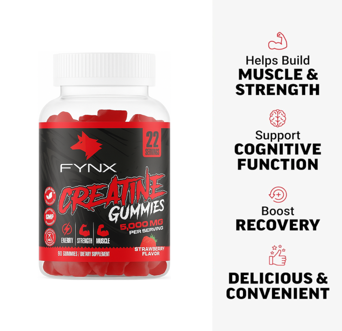 FYNX Creatine Gummies - 5,000 mg Per Serving | Strawberry Flavor | 120-90 Gummies | Gelatin-Free